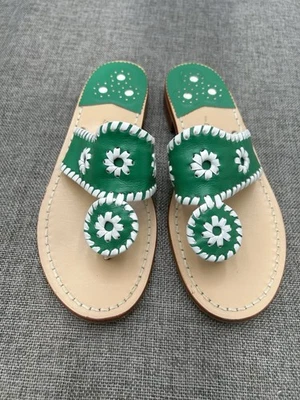 Jack Rogers Thong Sandals Women’s Sz 6M Leather Green/White Whipstitch Slide - Image 1 of 4