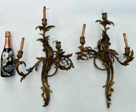 Antique 19thC French Original Vion Rococo Louis XV Style Gilt Bronze Sconce Pair Cover