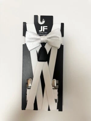 J. Ferrar Bow Tie & Suspender Set Adjutable One Size White Sparkle Prom Wedding - Image 1 of 4