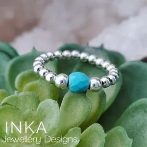 Sterling Silver Turquoise Thumb ring 925 Beaded Stretch Ring By INKA - Picture 1 of 6