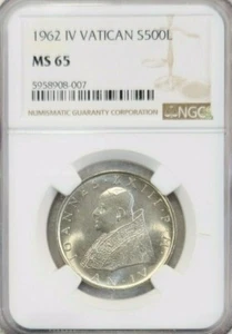1962 VATICAN SILVER 500 LIRE POPE JOHN XXIII NGC MS 65 GEM BU GREAT LUSTER - Picture 1 of 4