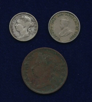 STRAITS SETTLEMENTS 1882-H 10 CENTS, 1920 5 CENTS, 1891 CENT, LOT OF (3) COINS  - Image 1 of 2