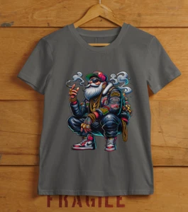 Urban Stoner/Biker Christmas Santa - StreetWear Apparel- Heather Grey T-Shirt - Picture 1 of 7