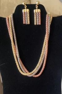 3 Tone Rope Chain Necklace & Dangle Earrings Gold, Rose Gold & Silver Jewelry - Picture 1 of 12