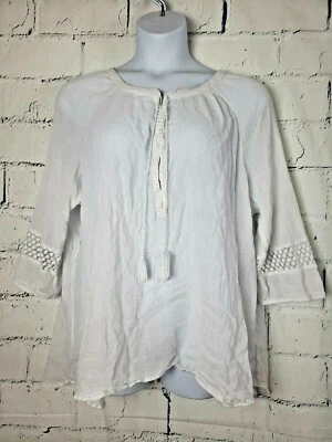 Blusa Top Campesina Blanca Lane Bryant Plus 1X Algodón Gasa Cuello Redondo Manga 3/4 Foto 1 de 4