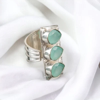 Anel feminino de pedra preciosa natural calcedônia aquática prata esterlina 925 fofo presente - Imagem 1 de 4