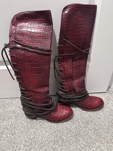 Freebird Coal Tall Knee High Boot Red Snake Print Leather Lace Womens Size 7 - Picture 1 of 17