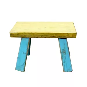 Raw Wood Top Finish Blue Legs Rectangular Short Stool Table cs5604 - Picture 1 of 6