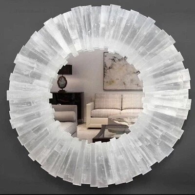 Round Shape White Marble Mirror Selenite Stone Epoxy Looking Glass Mirror for Ho - Image 1 of 4