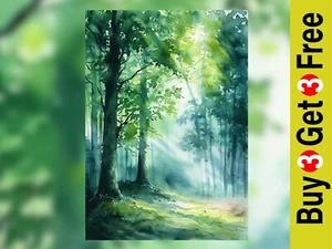 Sentiero Foresta Illuminato dal Sole 5"x7" Stampa su Carta Opaca | Acquerello Pace Scena Natura - Foto 1 di 18
