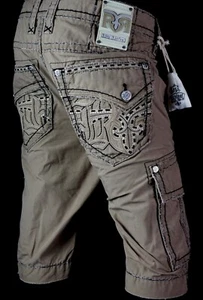 $220 Mens Rock Revival "Sand Wash" Leather Inserts Twill Shorts 38 - Picture 1 of 10
