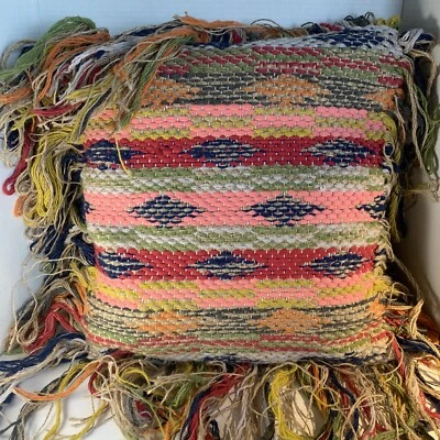 Vtg 18x18 Woven Jute Wool Pillow Fringe Boho Farmhouse Southwest~3 Available - Image 1 of 4