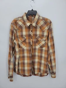 Southern Thread Shirt Mens Large Brown Plaid Long Sleeve Pearl Snap Rockabilly - Picture 1 of 11