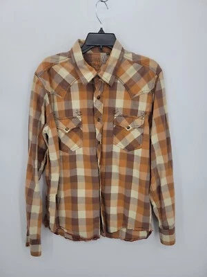 Southern Thread Shirt Mens Large Brown Plaid Long Sleeve Pearl Snap Rockabilly - Image 1 of 4