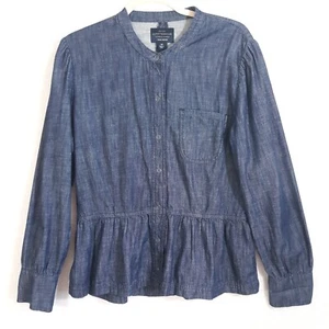 Lucky Brand Top Sz 12 (M) Blue Denim Ruffle Bottom Long Sleeve Casual Snap Front - Picture 1 of 14