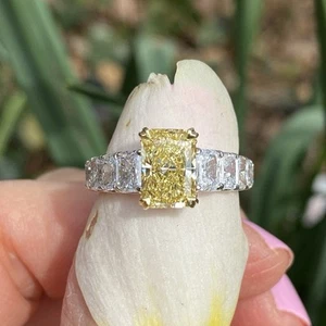 IGI 3.71Ctw Vivid Yellow Radiant Cut Lab Grown Diamond Engagement Ring 14k Gold - Picture 1 of 12