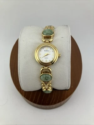 Elgin Ladies 21mm Watch Gold Tone Jade Gemstone MOP Dial 6.5" ELT203ST - RUNS - Image 1 of 4