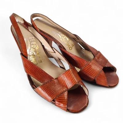 De colección Salvatore Ferragamo Lagarto Cuero Repujado Tacones Cordones 5.5 Italia Foto 1 de 4