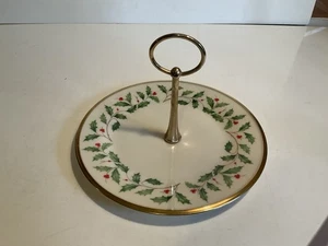 Vintage Lenox Holiday Goldrand Serviertablett Weihnachten Stechpalme Beere Goldgriff - Bild 1 von 6