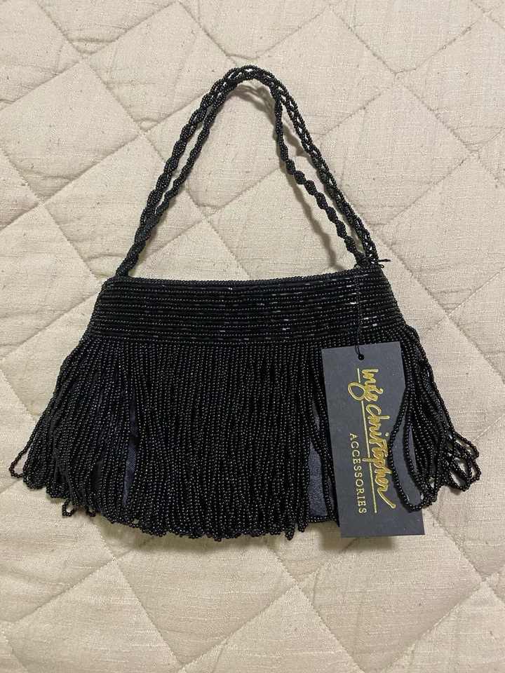Bolso de noche vintage INGE CHRISTOPHER pequeño negro con flecos con cuentas Foto 1 de 4