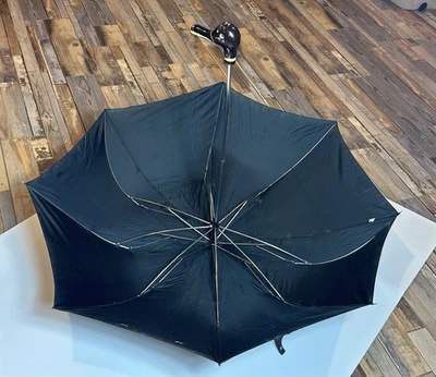 Vintage Wood Duck Head Handle Push Button Umbrella Black - Image 1 of 4