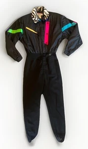 Vintage 80s Retro Ski Suit Womens 12 Black Neon Colorblock 1 Piece Snowsuit EUC - Picture 1 of 19