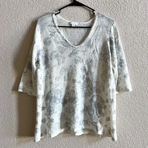 Maglione J Jill M puro misto lino Jill scollo a V bianco floreale grigio top manica 1/2 - Foto 1 di 9