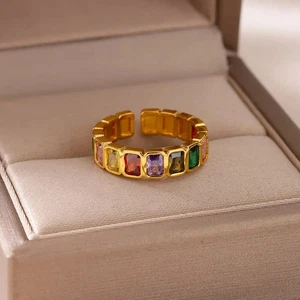 Bunter Zirkon Ring Damen Edelstahl offen Ring Hochzeit Party Schmuck - Bild 1 von 26