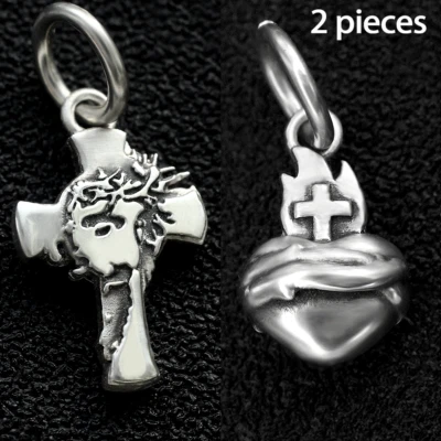 2pcs Real 925 Sterling Silver Jesus Face Sacred Heart Cross Amulet Charm Pendant - Image 1 of 4