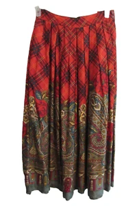 Herman Geist Red Plaid Floral Paisley Pleated Button Pockets Maxi Size 10 - Picture 1 of 9