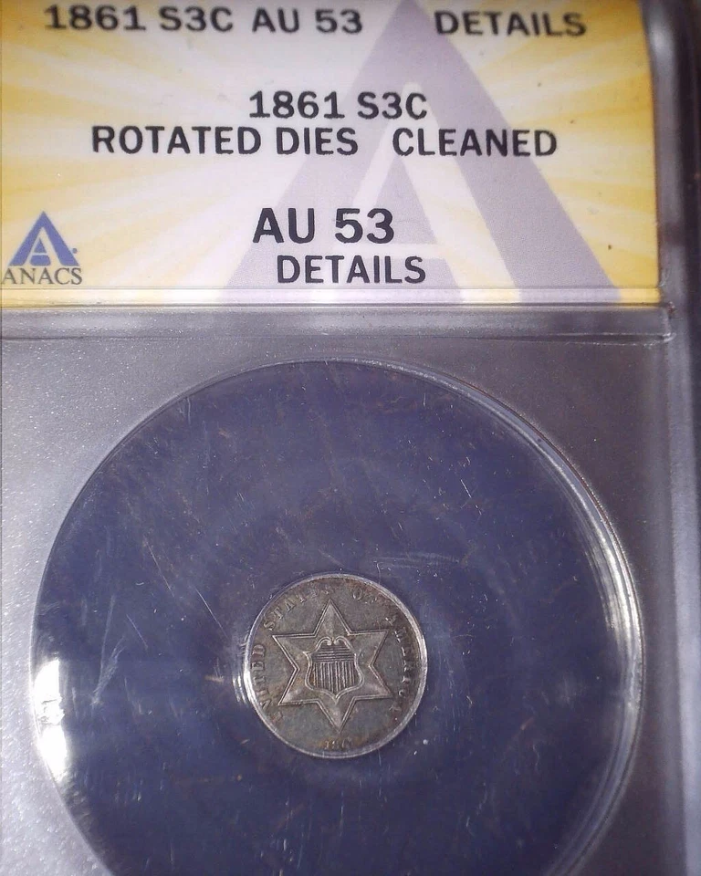 1861  Silver Three Cent, ANACS AU53, Civil War Era !! - Image 1 of 4