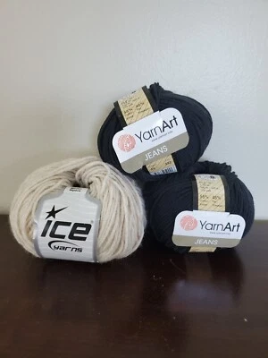Yarn Art Jeans & Ice Yarns ~ Lot of 3 Skeins Black & Natural NWT - Image 1 of 4