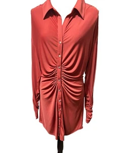 Cinq a Sept Arden Long Sleeve Ruched Mini Shirt Dress in Brick XL - Picture 1 of 9