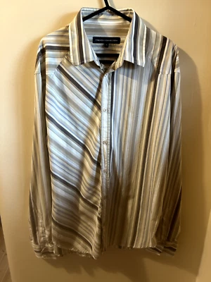 French Connection men's Multi-stripe casual shirt in Brown/White - Medium - Image 1 of 4