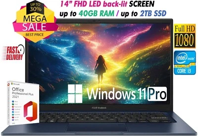 ASUS Laptop 14" FHD Intel i3-1215U Up to 40GB RAM & 2TB SSD Windows11 Pro+OFFICE - Image 1 of 4