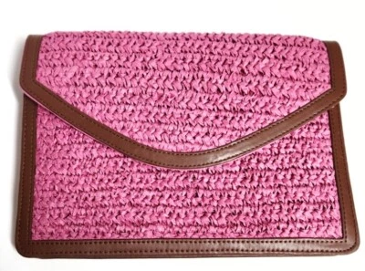 Loft Raffia Woven Clutch Handbag Hot Pink Brown Multi Faux Leather New with Tags Foto 1 de 4