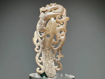 Pingente raro Han Dy antigo esculpido em jade dragão fênix design "Ji Xin Pei" L 7,3 cm - Imagem 1 de 4