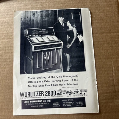 ORIGINAL  Ad Jukebox Wurlitzer 2800 1964  11 By8" ARCADE GAME FLYER - Image 1 of 3