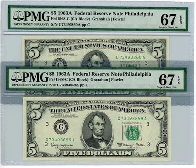 Fr. 1968-C $5 1963A 2 Consecutive Federal Reserve Notes Philadelphia 67 EPQ PMG - Image 1 of 3