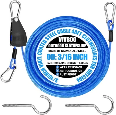 Tendedero ropa 40FT al aire libre cuerda 3/16" PVC azul ganchos Foto 1 de 4