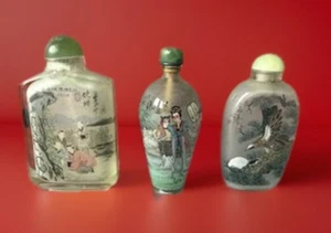 PARFUM SCHNUPFTABAKFLASCHEN 3er Set innen Rückseite handbemalt Glas Jade Tops Vintage - Bild 1 von 11