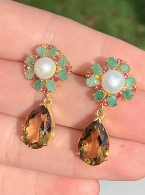 9Ct Gold On Silver Emerald Citrine Pearl Ruby Exceptional Earrings ￼ - Image 1 of 4