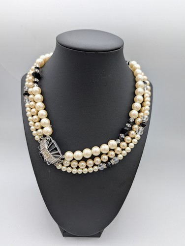 Collana Vintage Givenchy Perle Finte 3 Fili Nero e Trasparente Letti Strass