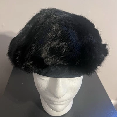 Boné de pele boina feminino vison? Forro vintage de pele macia e veludo macio preto jato - Imagem 1 de 4