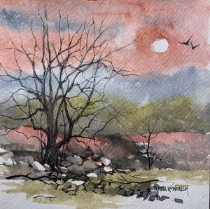 Original Pamela Wilhelm 5”x5” Watercolor Evening Sky Flight Rocks Trees Moon - Picture 1 of 1