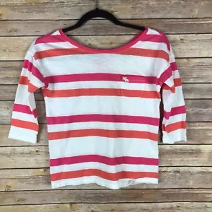 Abercrombie Kids Top Girls L Stripe Cotton T-Shirt V-Back Pocket 3/4 Sleeve Knit - Picture 1 of 4