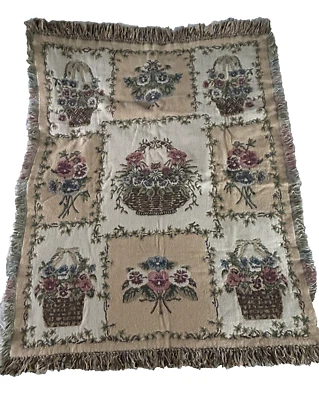 Cestas de Pensamientos Tapiz Manta Algodón Flores Floral Cottagecore De Colección Foto 1 de 4