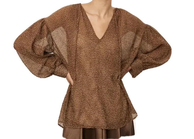 Vince Women's Brown Starry Dot Shirred Split Neck Blouse Top Size S