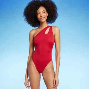 Traje de baño Shade & Shore rojo recortado un hombro textura acanalada 1 pieza XS - Imagen 1 de 2