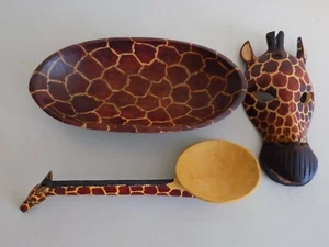 Hand Carved Giraffe Wood Mask Spoon Bowl Safari Made in Kenya - Picture 1 of 6